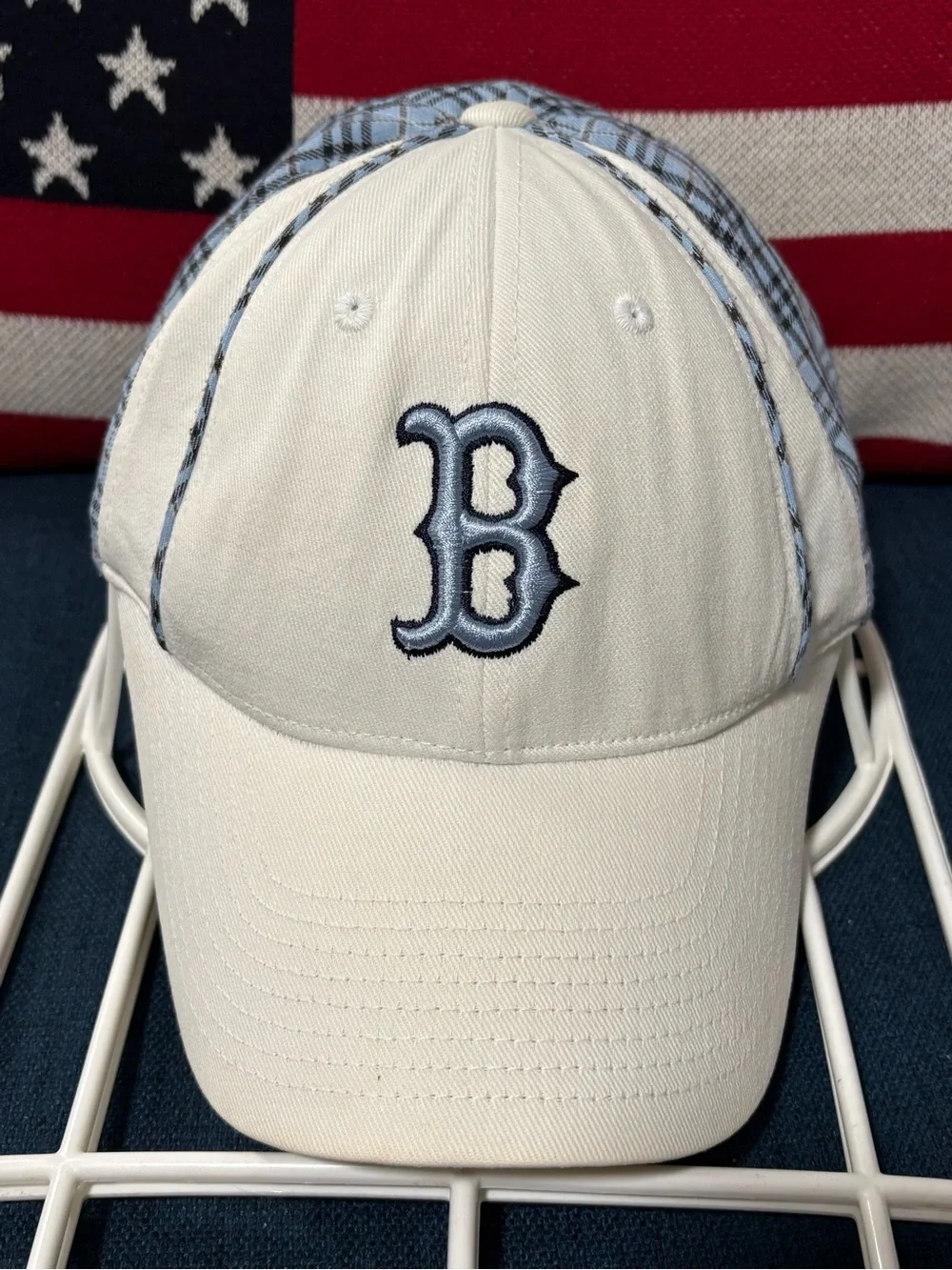 New Era Women's Reversible Cap in Blue Plaid and Cream